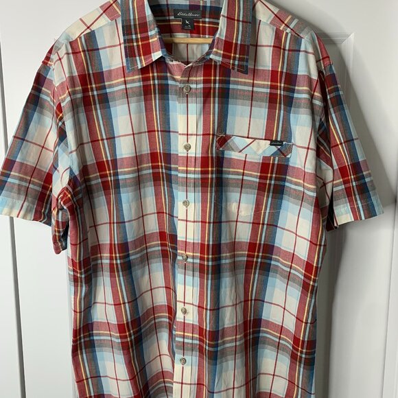 Eddie Bauer Men’s Red Multi-Colored 100% Cotton Checked Short Sleeve Shirt - Picture 1 of 10